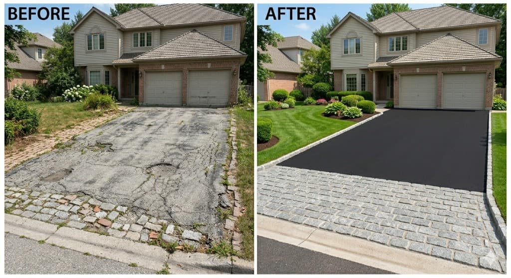 Belgian Block Apron comparison — cracked driveway before and newly paved driveway after