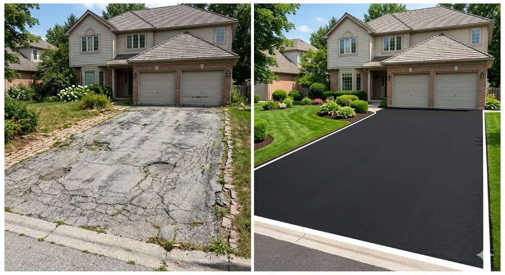 Asphalt Driveway comparison — cracked driveway before and newly paved driveway after